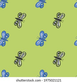 Minimalistic style nature seamless pattern with folk butterfly ornamental botanic print. Green background. Great for fabric design, textile print, wrapping, cover. Vector illustration.