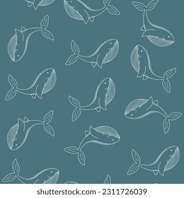 Minimalistic style pattern with whales. Sea animal line silhouette on soft blue background. Cute vector print for paper, textile, scrapbooking, wallpaper.