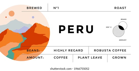 Estilo minimalista Etiqueta de café de Perú. Diseño gráfico y tipográfico