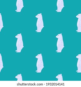 Minimalistic style seamless animal pattern in childish style with polar bears. Turquoise background. Doodle artwork. Decorative backdrop for fabric design, textile print, wrapping, cover.