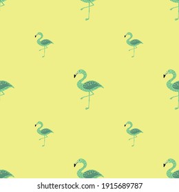 Minimalistic style seamless doodle pattern with green colored flamingo abstract shapes. Yellow background. Graphic design for wrapping paper and fabric textures. Vector Illustration.