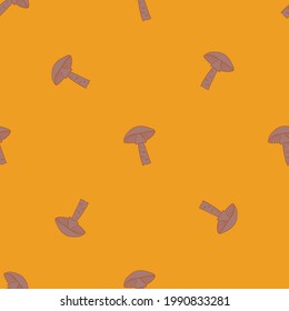 Minimalistic style seamless doodle pattern with brown little mushroom ornament. Orange background. Graphic design for wrapping paper and fabric textures. Vector Illustration.