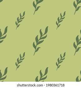 Minimalistic style seamless nature pattern with doodle leaves twig print. Pastel green background. Graphic design for wrapping paper and fabric textures. Vector Illustration.