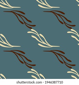 Minimalistic style seamless pattern with beige and brown colored branches ornament. Blue pale background. Designed for fabric design, textile print, wrapping, cover. Vector illustration.