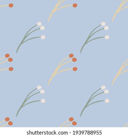 Estilo minimalista sin fisuras con ramas de berry adornadas. Fondo azul. Impresión vintage de primavera. Fondo decorativo para el diseño de tejidos, impresión textil, envoltura, cubierta. Ilustración vectorial.