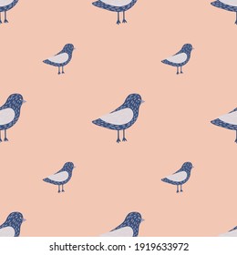 Minimalistic style seamless pattern with blue colored dove birds shapes. Pink pale background. Vector illustration for seasonal textile prints, fabric, banners, backdrops and wallpapers.