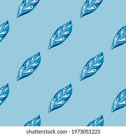 Minimalistic style seamless pattern in blue colors with geometric leaf ornament. Decorative botany print. Perfect for fabric design, textile print, wrapping, cover. Vector illustration.