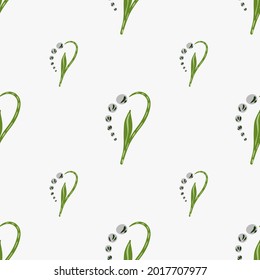 Minimalistic style seamless pattern with blue cute lily of the valley flowers shapes. Light background. Stock illustration. Vector design for textile, fabric, giftwrap, wallpapers.