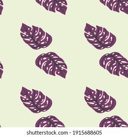 Minimalistic style seamless pattern with bright purple monstera ornament. Light grey background. Graphic design for wrapping paper and fabric textures. Vector Illustration.