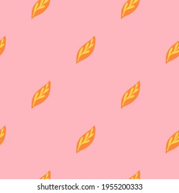 Minimalistic style seamless pattern with bright orange leaves ornament. Pastel pink background. Perfect for fabric design, textile print, wrapping, cover. Vector illustration.