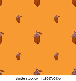 Minimalistic style seamless pattern with brown acorn silhouettes print. Orange background. Simple style. Vector illustration for seasonal textile prints, fabric, banners, backdrops and wallpapers.