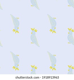 Minimalistic style seamless pattern with cartoon cockatoo parrot shapes. Blue light background. Simple design. Flat vector print for textile, fabric, giftwrap, wallpapers. Endless illustration.