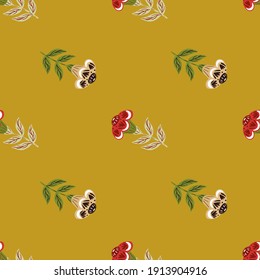Minimalistic style seamless pattern with doodle vintage flower silhouettes. Ocher pale background. Designed for fabric design, textile print, wrapping, cover. Vector illustration