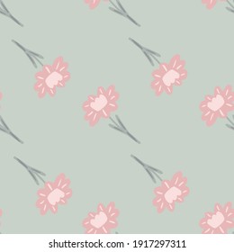 Minimalistic style seamless pattern with doodle pink flower elements. Blue pale background. Simple design. Graphic design for wrapping paper and fabric textures. Vector Illustration.