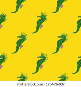 Minimalistic style seamless pattern with doodle green seahorse ornament. Bright yellow background. Decorative backdrop for fabric design, textile print, wrapping, cover. Vector illustration.