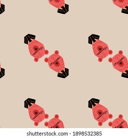 Minimalistic style seamless pattern with funny doodle business bear ornament. Pink animal shapes backdrop. Flat vector print for textile, fabric, giftwrap, wallpapers. Endless illustration.