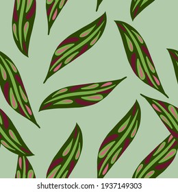 Minimalistic style seamless pattern with green and brown abstract leaves ornament. Blue bacground. Decorative backdrop for fabric design, textile print, wrapping, cover. Vector illustration