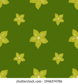 Minimalistic style seamless pattern in green tones with tropic flowers ornament. Scrapbook backdrop. Vector illustration for seasonal textile prints, fabric, banners, backdrops and wallpapers.