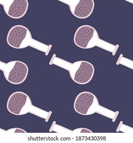 Minimalistic style seamless pattern with lab flask ornament. Purple science equipment on navy blue background. Great for fabric design, textile print, wrapping, cover. Vector illustration.