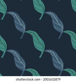 Minimalistic style seamless pattern with leaves simple tangerine shapes. Navy blue dark background. Designed for fabric design, textile print, wrapping, cover. Vector illustration.