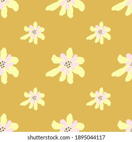 Minimalistic style seamless pattern with light yellow simple flowers ornament. Ocher background. Vector illustration for seasonal textile prints, fabric, banners, backdrops and wallpapers.