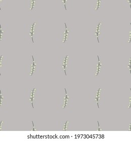 Minimalistic style seamless pattern with little grey lily of the valley ornament. Light purple background. Stock illustration. Vector design for textile, fabric, giftwrap, wallpapers.