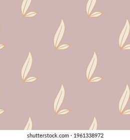 Minimalistic style seamless pattern with natural leaf contour silhouettes. Pastel lilac background. Decorative backdrop for fabric design, textile print, wrapping, cover. Vector illustration.