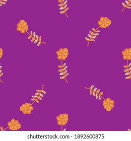 Minimalistic style seamless pattern with orange simple flowers elements. Purple background. Stock illustration. Vector design for textile, fabric, giftwrap, wallpapers.