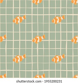 Minimalistic style seamless pattern with orange clown fish elements. Grey chequered background. Doodle style. Designed for fabric design, textile print, wrapping, cover. Vector illustration.