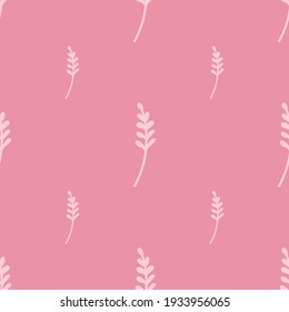 Minimalistic style seamless pattern with outline doodle branches ornament. Pink pastel background. Graphic design for wrapping paper and fabric textures. Vector Illustration.