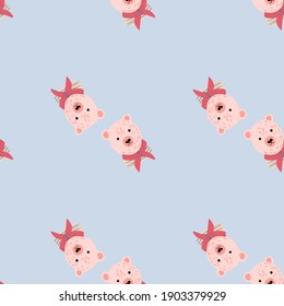 Minimalistic style seamless pattern with pink sailor bear head shapes. Light blue background. Vector illustration for seasonal textile prints, fabric, banners, backdrops and wallpapers.