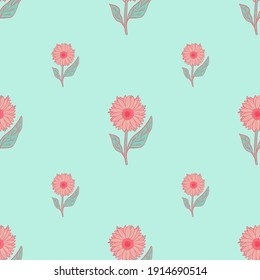 Minimalistic style seamless pattern with pink sunflowers cartoon print. Blue pastel background. Graphic design for wrapping paper and fabric textures. Vector Illustration.