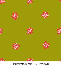 Minimalistic style seamless pattern with pink daisy flowers ornament. Green olive background. Doodle print. Great for fabric design, textile print, wrapping, cover. Vector illustration.