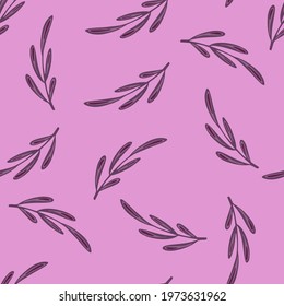 Minimalistic style seamless pattern with purple contoured doodle branches for print. Lilac background. Floral print. Designed for fabric design, textile print, wrapping, cover. Vector illustration.