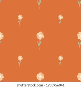 Minimalistic style seamless pattern with simple chrysanthemum flowers ornament. Orange background. Stock illustration. Vector design for textile, fabric, giftwrap, wallpapers.
