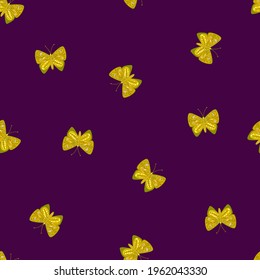 Minimalistic style seamless pattern with simple yellow folk butterfly elements. Purple background. Decorative backdrop for fabric design, textile print, wrapping, cover. Vector illustration.