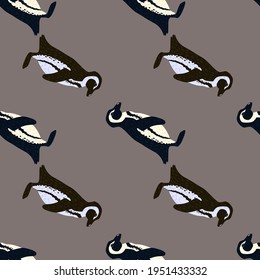 Minimalistic style seamless pattern with wild animals penguin print. Grey background. Doodle print. Perfect for fabric design, textile print, wrapping, cover. Vector illustration.