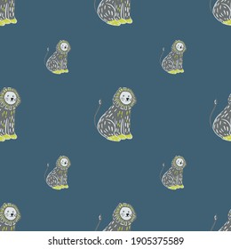 Minimalistic style seamless zoo pattern with grey hand drawn lion print. Dark navy blue background. Graphic design for wrapping paper and fabric textures. Vector Illustration.