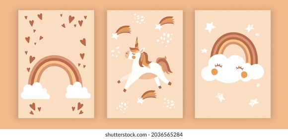 Minimalistic style set with kids room decoration on beige background. Cute hand drawn unicorn, rainbow and cloud. Nursery wall art for baby boy and girl. Flat cartoon vector illustration