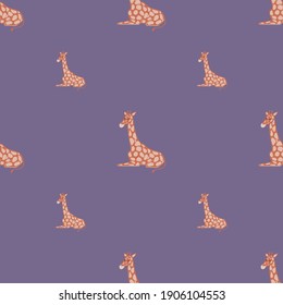 Minimalistic style zoo seamless pattern with beige colored doodle giraffe print. Purple background. Vector illustration for seasonal textile prints, fabric, banners, backdrops and wallpapers.