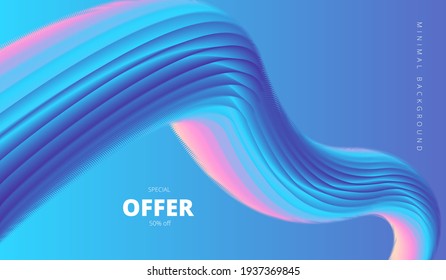 Minimalistic stylish blue background with abstract wavy shape and lettering special offer 