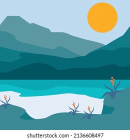 Minimalistic stylish landscape with mountains. Beautiful gradient mountains. Landscape with mountains and lake