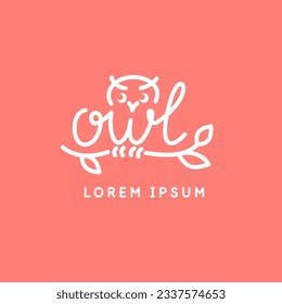 Minimalistic and stylish Owl emblem. Modern graphics. Vector illustration with text in a fashionable simple style.