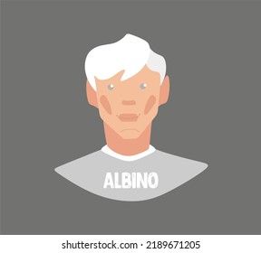 Minimalistic, stylish portrait of an Albino guy. White hair, pale blue eyes, pale skin, lips.Gray background, light gray T-shirt, white collar rim. Flat, cartoon.