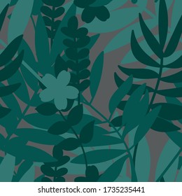 Minimalistic stylish seamless pattern with floral ornaments. Forest fresh print with ferns and tropical leaves. Bright combination of colors. For packaging, fabric or poster. EPS 10
