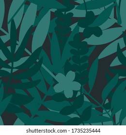 Minimalistic stylish seamless pattern with floral ornaments. Forest fresh print with ferns and tropical leaves. Bright combination of colors. For packaging, fabric or poster. EPS 10
