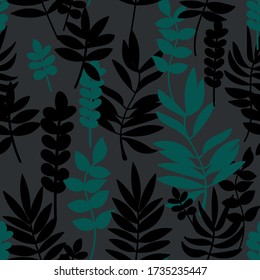 Minimalistic stylish seamless pattern with floral ornaments. Forest fresh print with ferns and tropical leaves. Bright combination of colors. For packaging, fabric or poster. EPS 10
