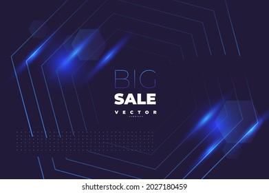 Minimalista y elegante fondo vectorial con líneas de brillantez azul y letras a gran venta