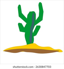 Um ícone vetor minimalista e elegante de uma planta de cactos. O cacto apresenta uma forma clássica de saguaro com dois braços para cima, simbolizando um ambiente desértico. O corpo principal é uma cor verde rica, muitas vezes