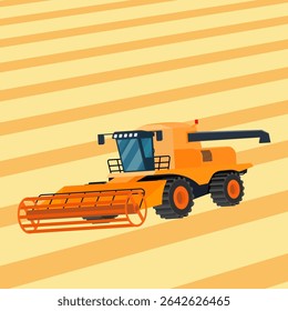 Ilustração vetorial minimalista e elegante com uma colheitadeira moderna em um campo de trigo projetado geometricamente.
